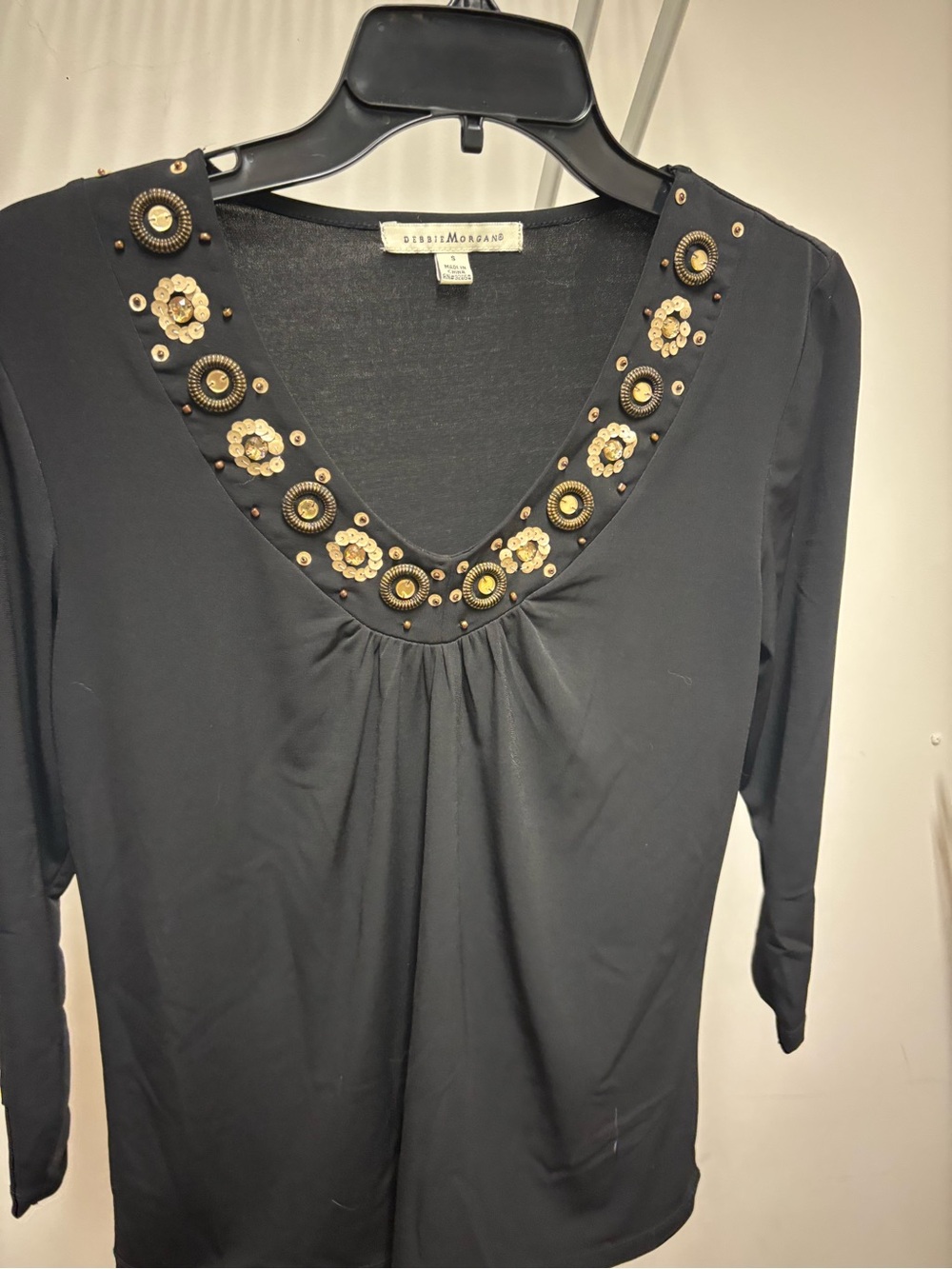 Debbie Morgan Black V-Neck Top with Gold Floral Embellishments
